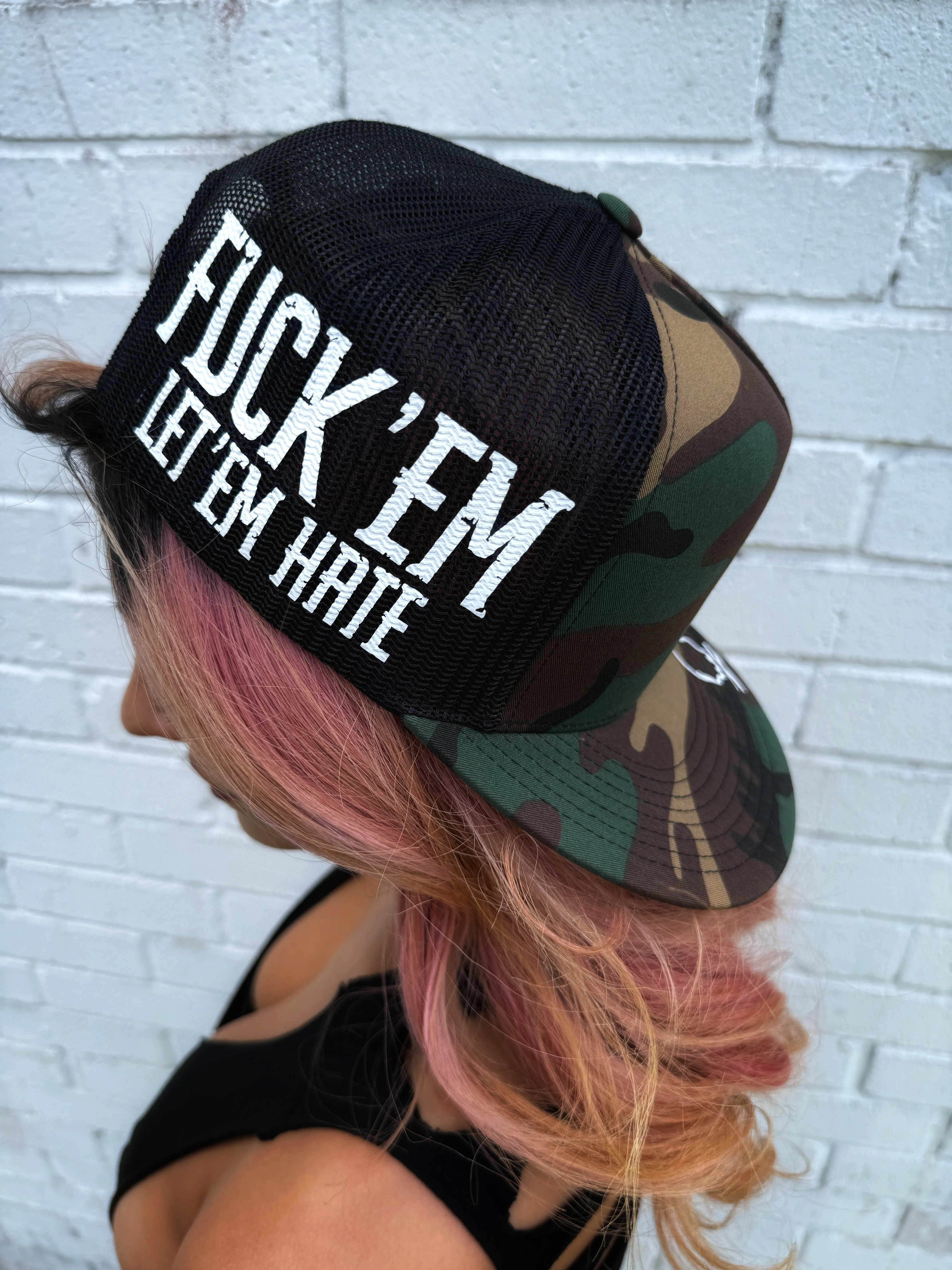 LET 'EM HATE SIDE STYLE GREEN CAMO HAT