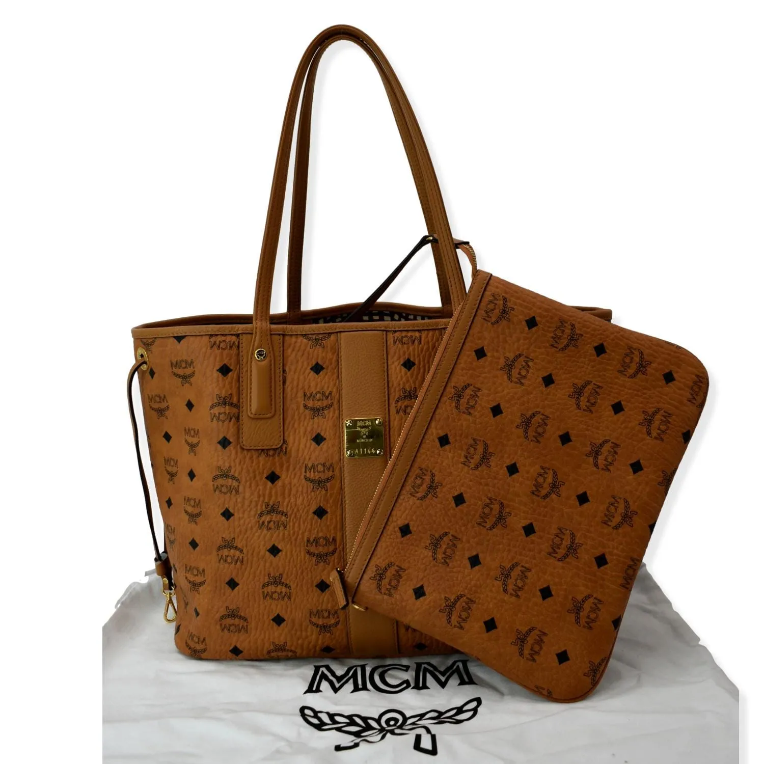 MCM Reversible Liz Medium Visetos Canvas Shopper Tote Bag Cognac