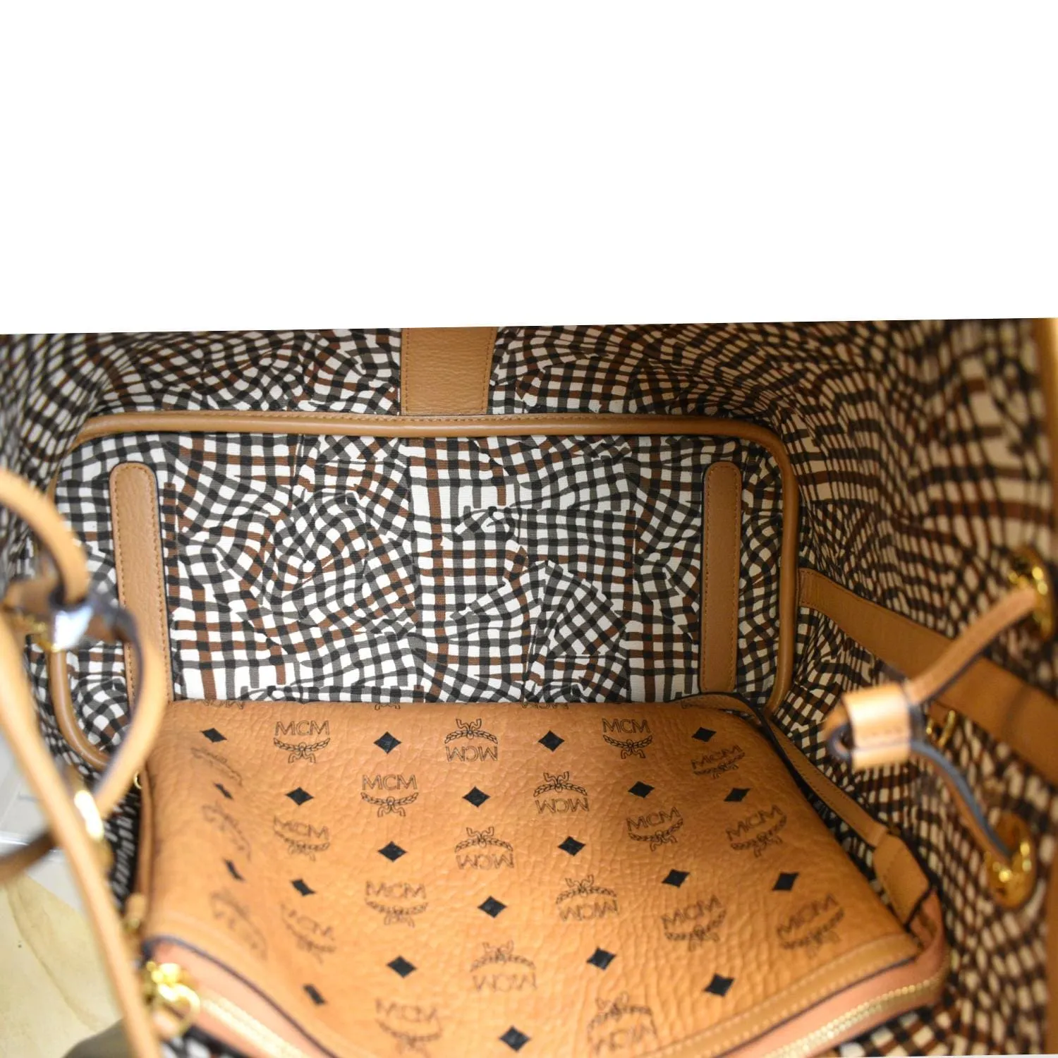 MCM Reversible Liz Medium Visetos Canvas Shopper Tote Bag Cognac