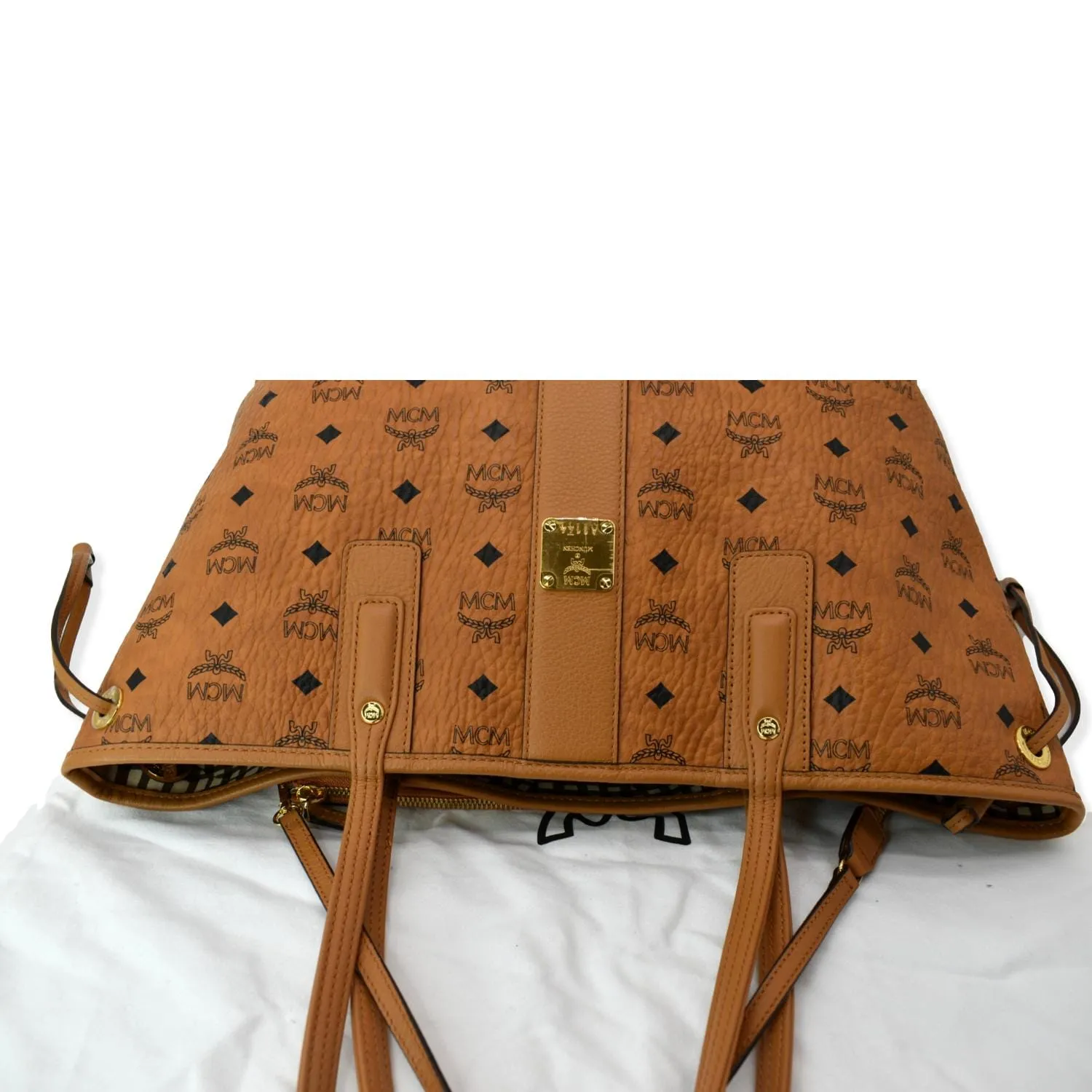 MCM Reversible Liz Medium Visetos Canvas Shopper Tote Bag Cognac