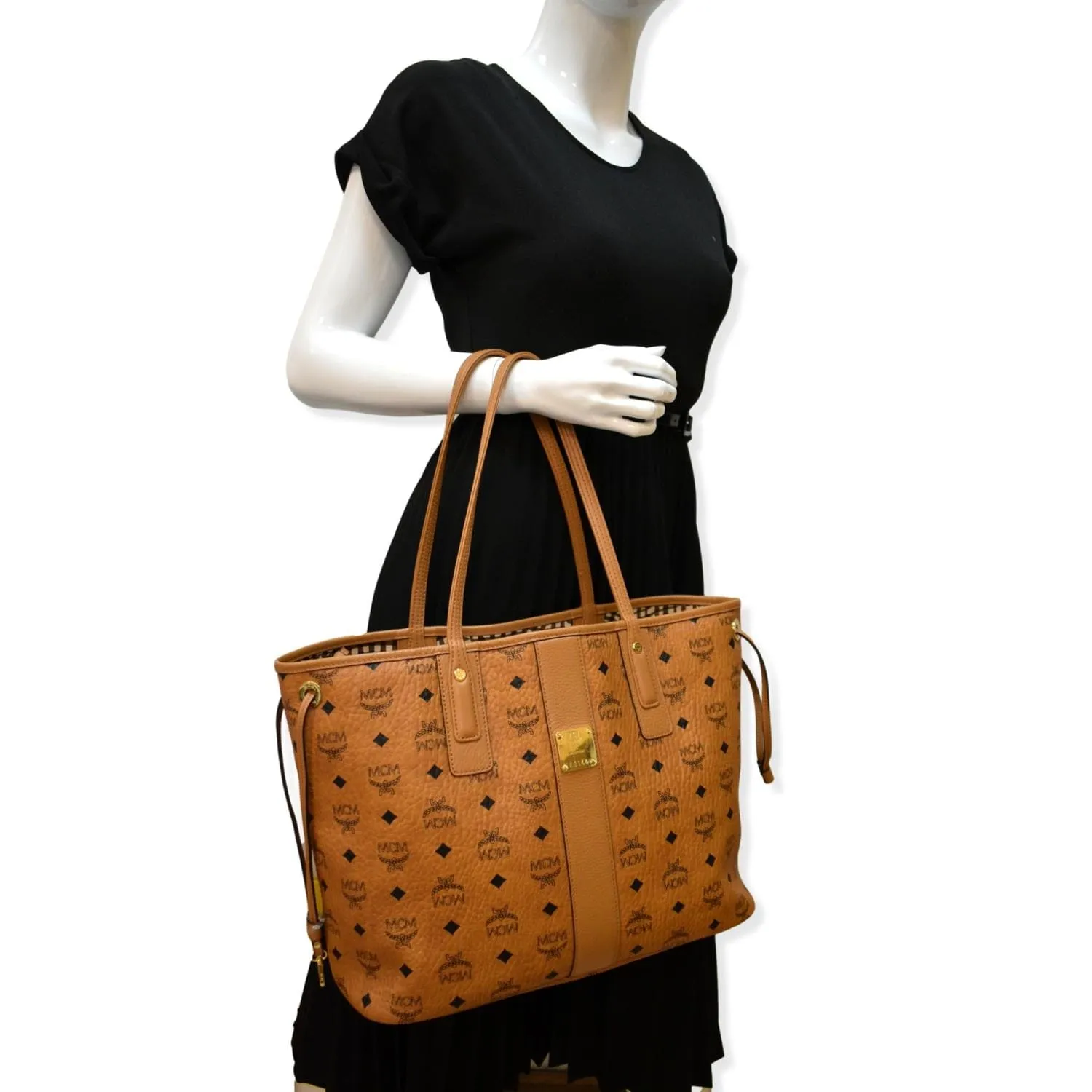 MCM Reversible Liz Medium Visetos Canvas Shopper Tote Bag Cognac