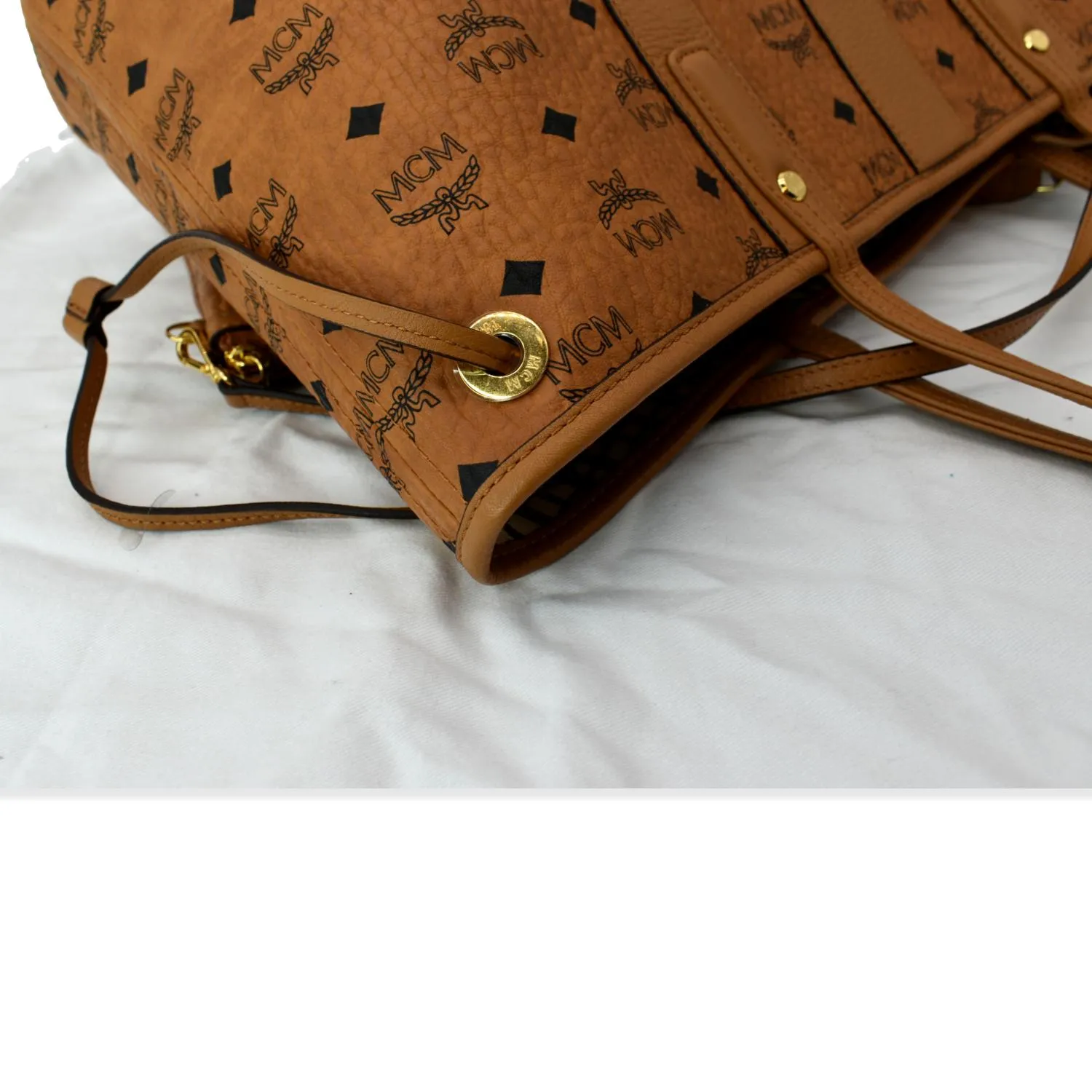MCM Reversible Liz Medium Visetos Canvas Shopper Tote Bag Cognac
