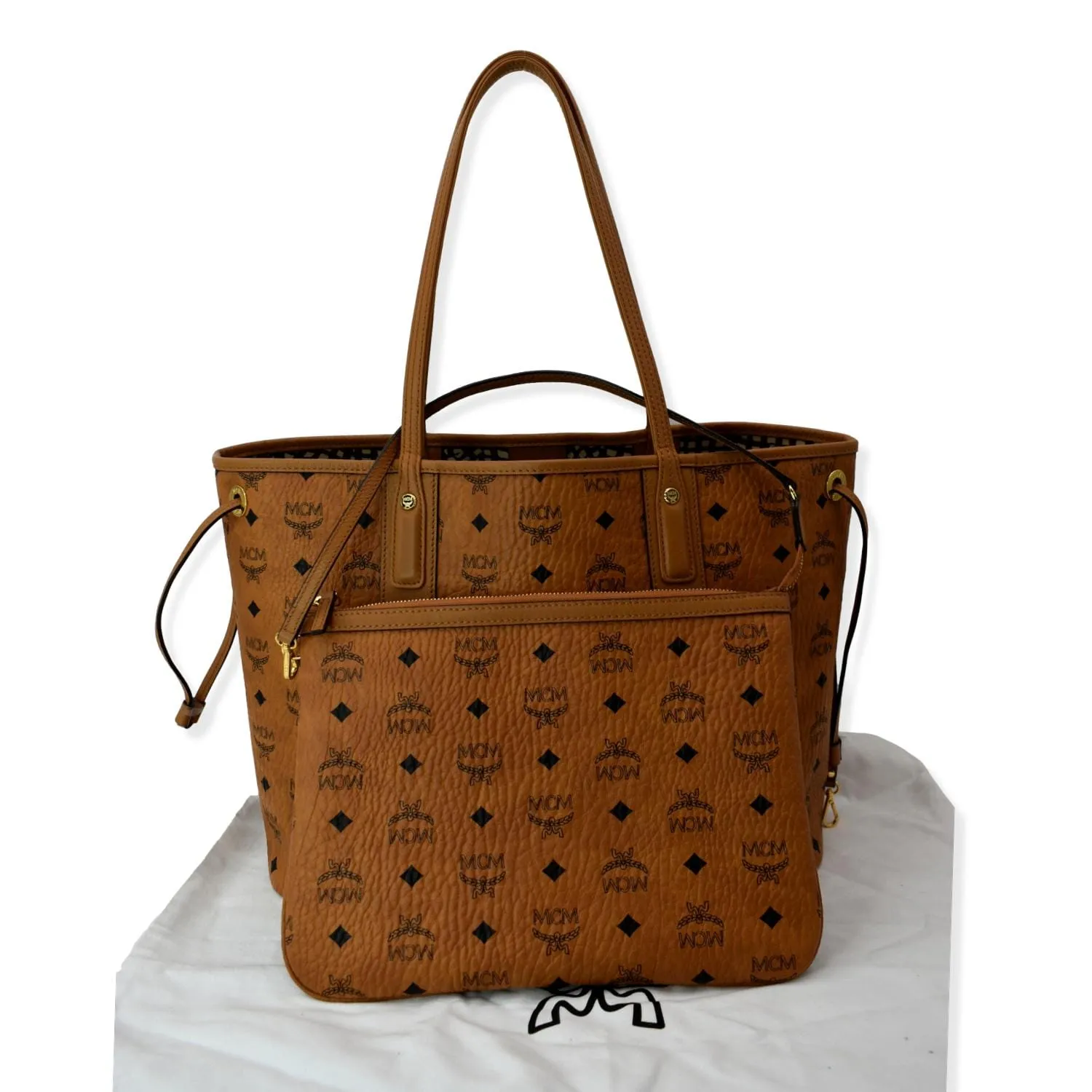 MCM Reversible Liz Medium Visetos Canvas Shopper Tote Bag Cognac
