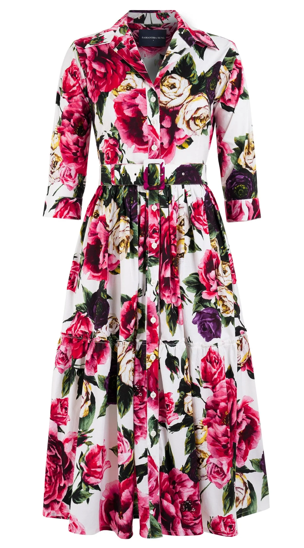 Melanie Dress #2 Shirt Collar 3/4 Sleeve Midi Length Cotton Stretch (Peony Kimono All Over)