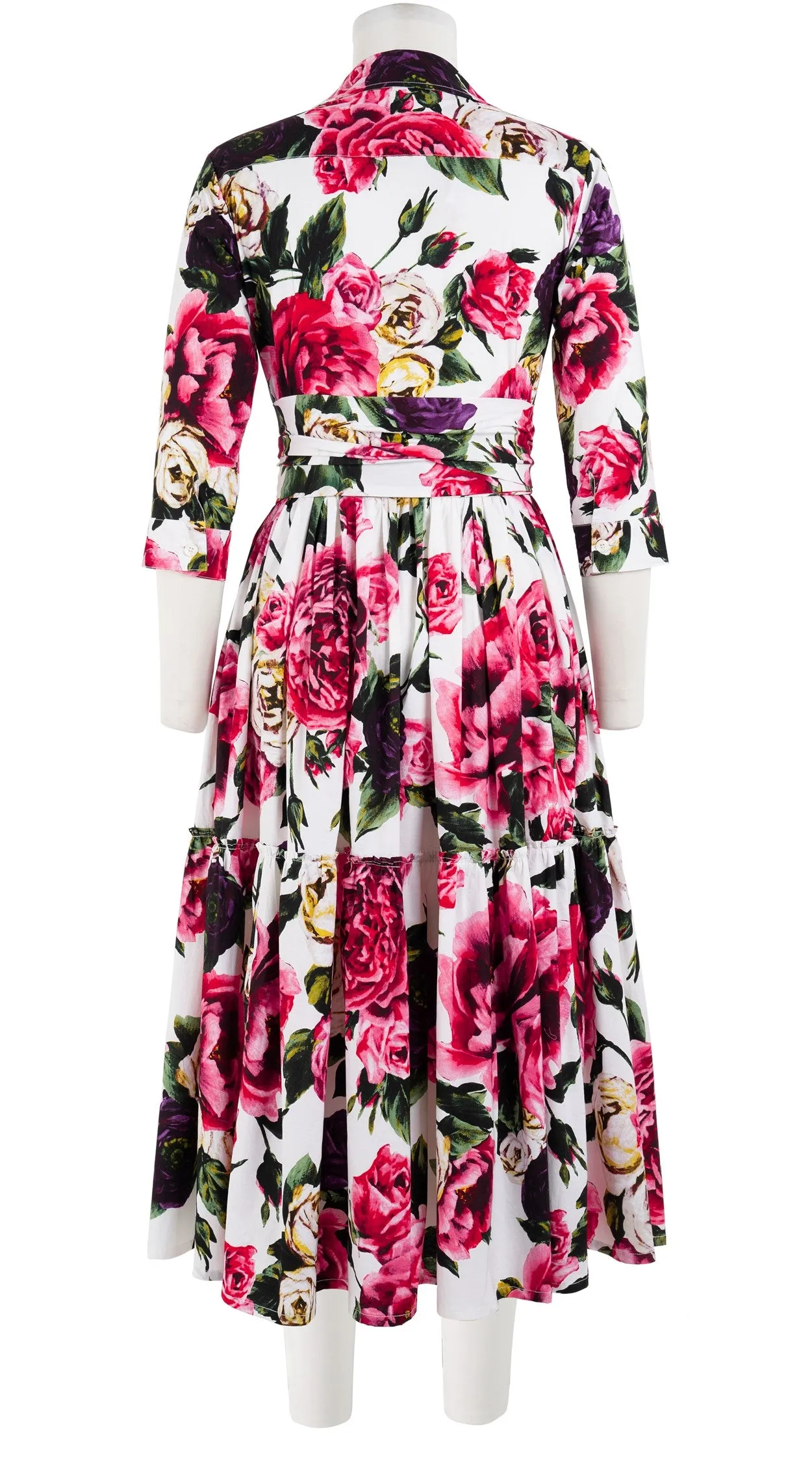 Melanie Dress #2 Shirt Collar 3/4 Sleeve Midi Length Cotton Stretch (Peony Kimono All Over)