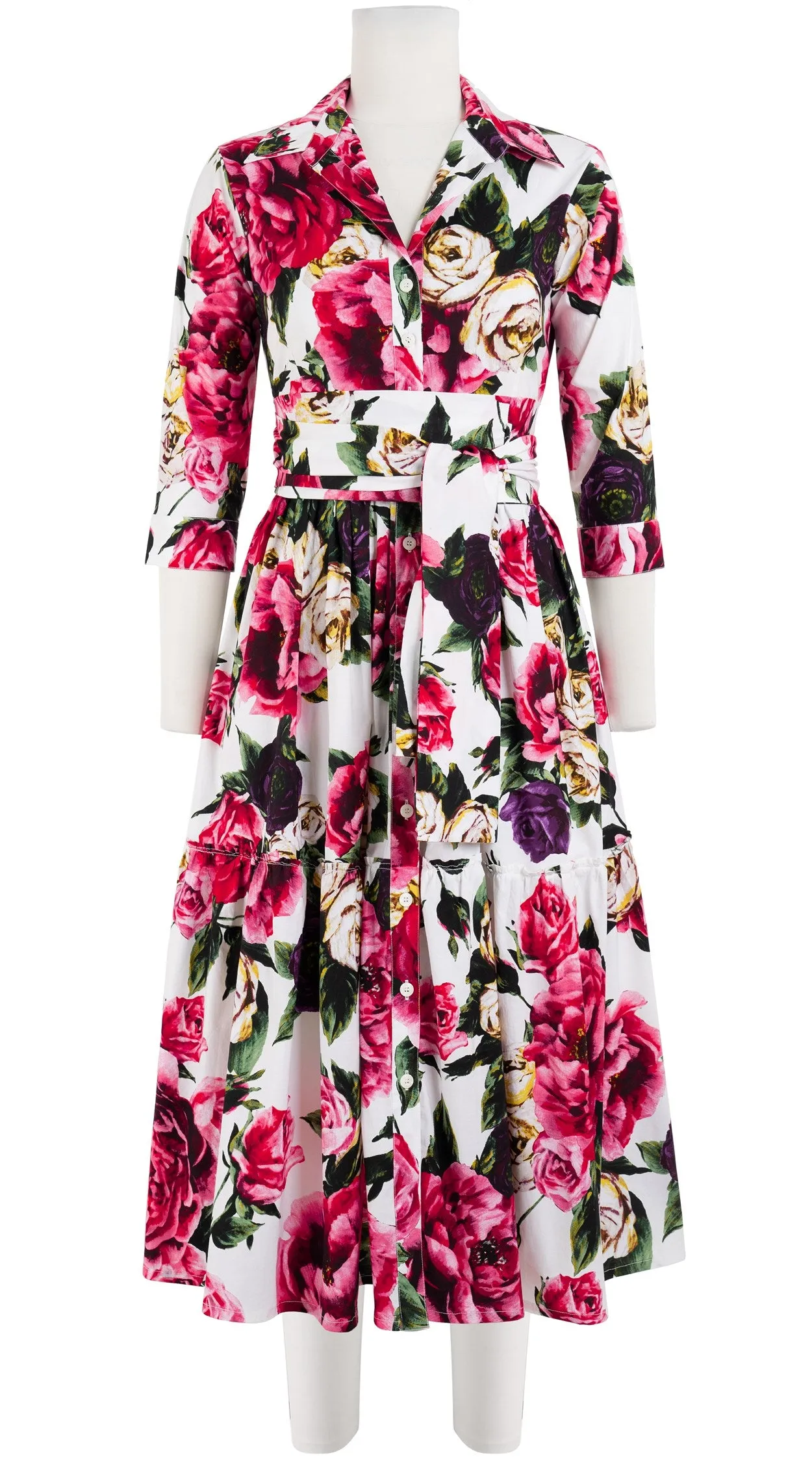 Melanie Dress #2 Shirt Collar 3/4 Sleeve Midi Length Cotton Stretch (Peony Kimono All Over)