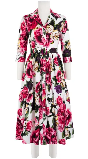 Melanie Dress #2 Shirt Collar 3/4 Sleeve Midi Length Cotton Stretch (Peony Kimono All Over)