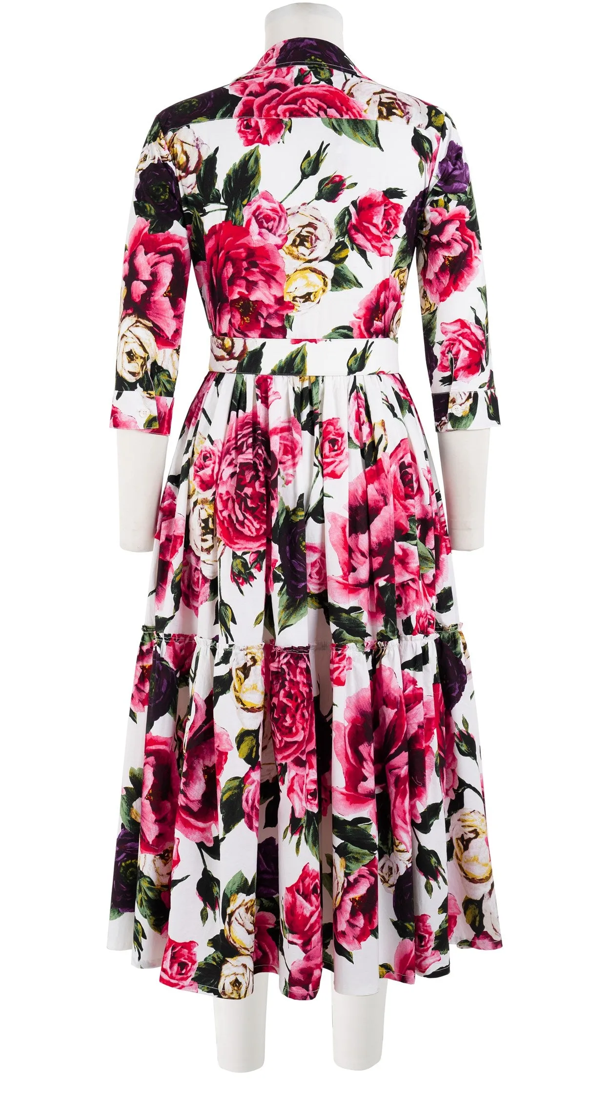 Melanie Dress #2 Shirt Collar 3/4 Sleeve Midi Length Cotton Stretch (Peony Kimono All Over)