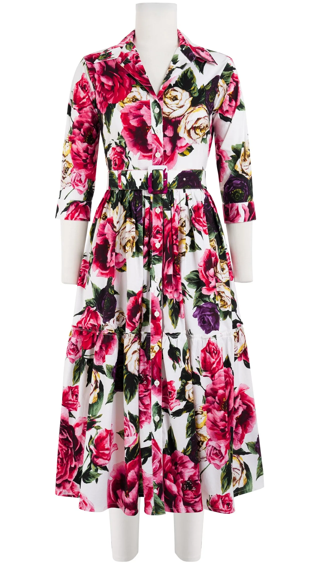 Melanie Dress #2 Shirt Collar 3/4 Sleeve Midi Length Cotton Stretch (Peony Kimono All Over)