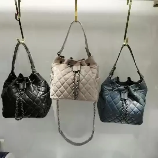Metal chain Drawstring woman bucket bag real leather women handbags casual