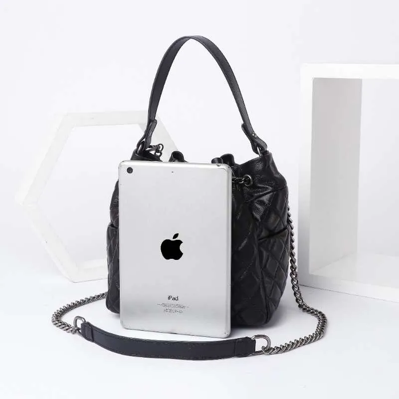Metal chain Drawstring woman bucket bag real leather women handbags casual