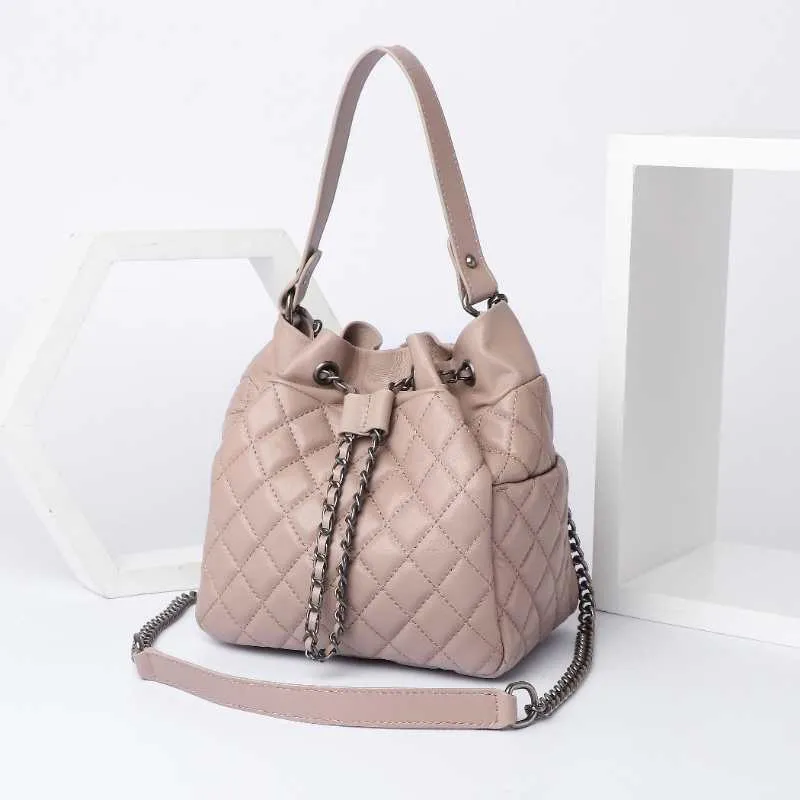 Metal chain Drawstring woman bucket bag real leather women handbags casual