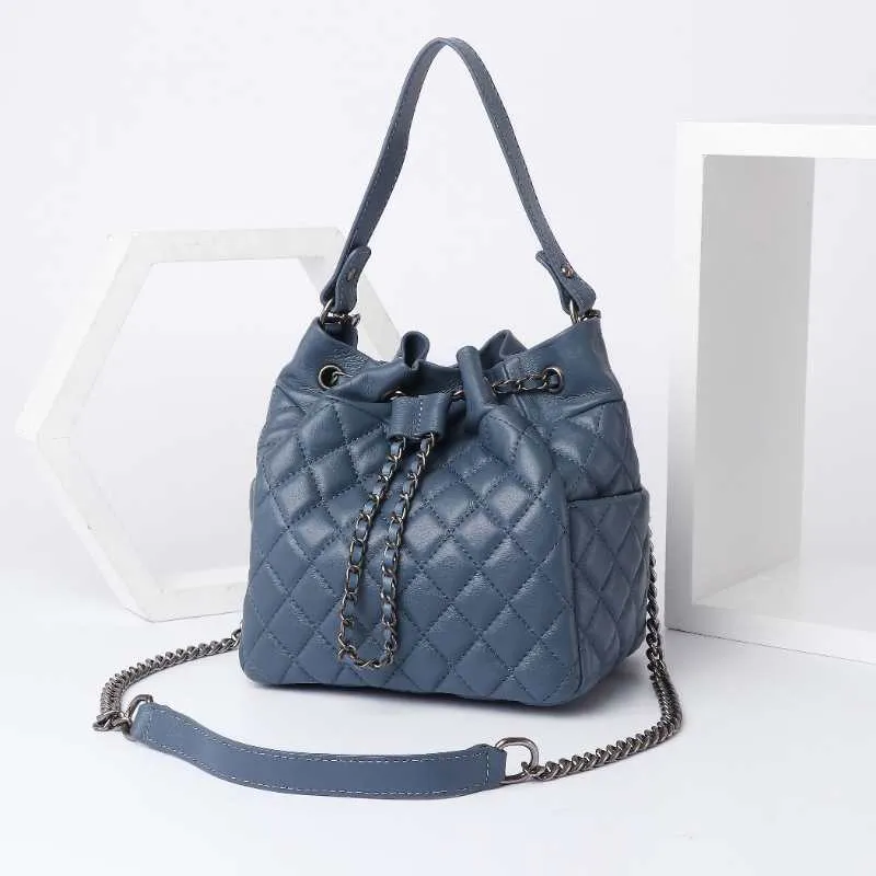 Metal chain Drawstring woman bucket bag real leather women handbags casual