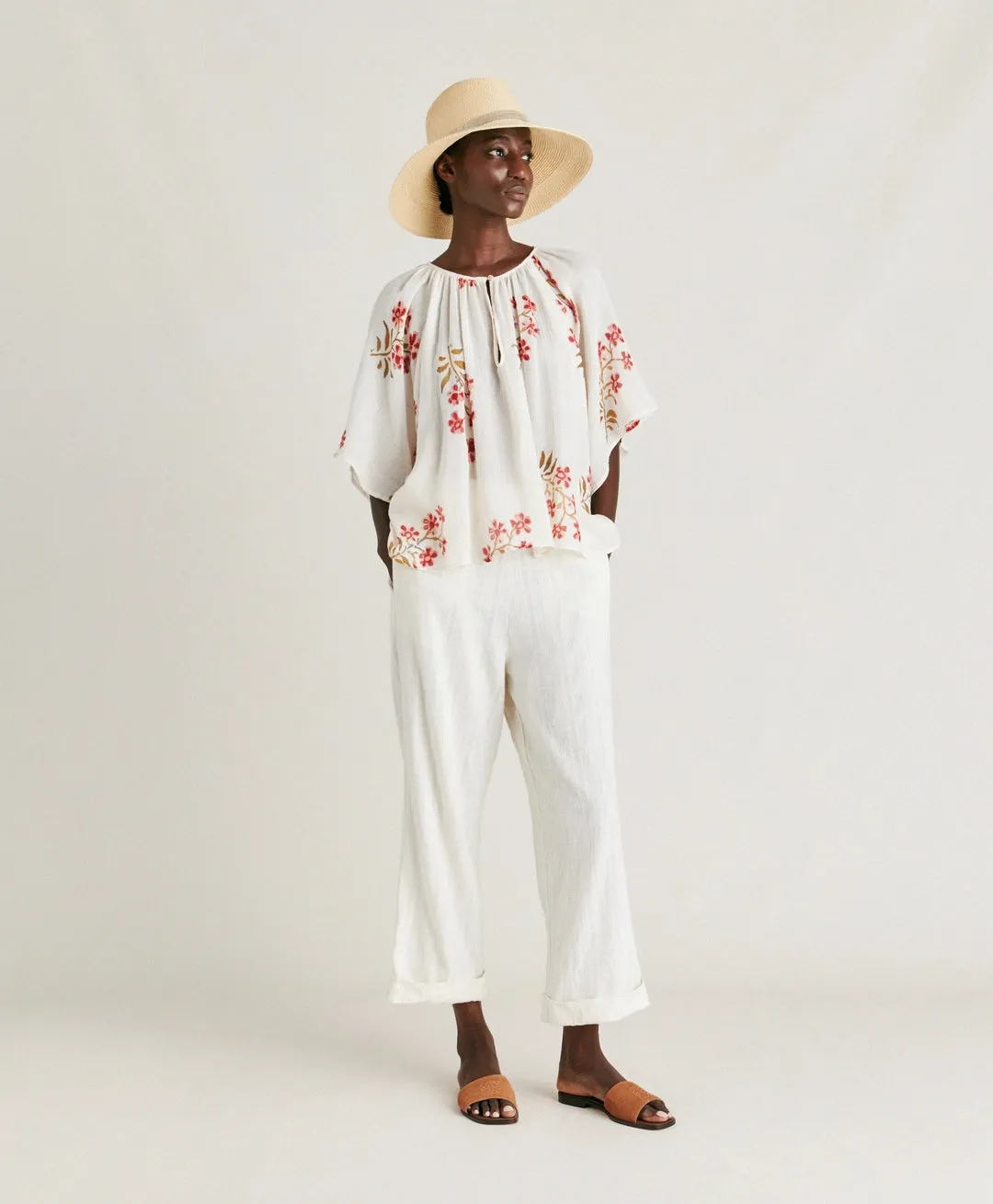 Momoni - Tarida Gauze Blouse - Cream & Dark Cherry