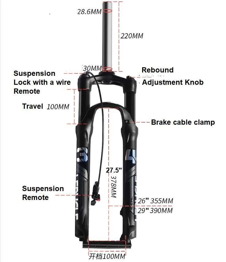 MTB Bike Fork - 29", Spring Suspension Oil Rebound, Wired Remote, 10cm Travel