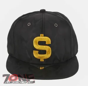 NEW! DOLLAR $ FLAT BILL SNAPBACK BASEBALL CAP HAT CAMOUFLAGE BLACK