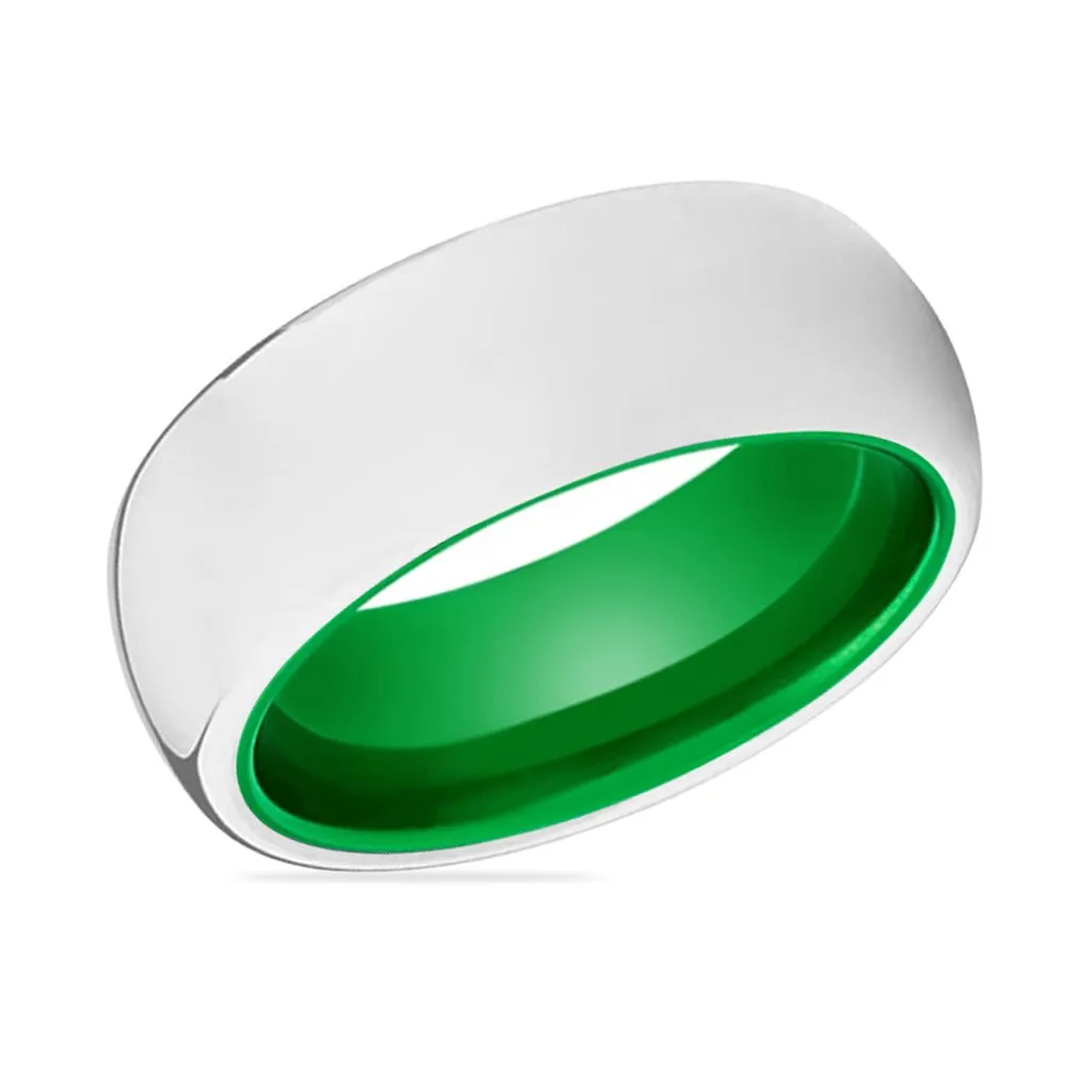 NEZARA | Green Ring, Silver Tungsten Ring, Shiny, Domed