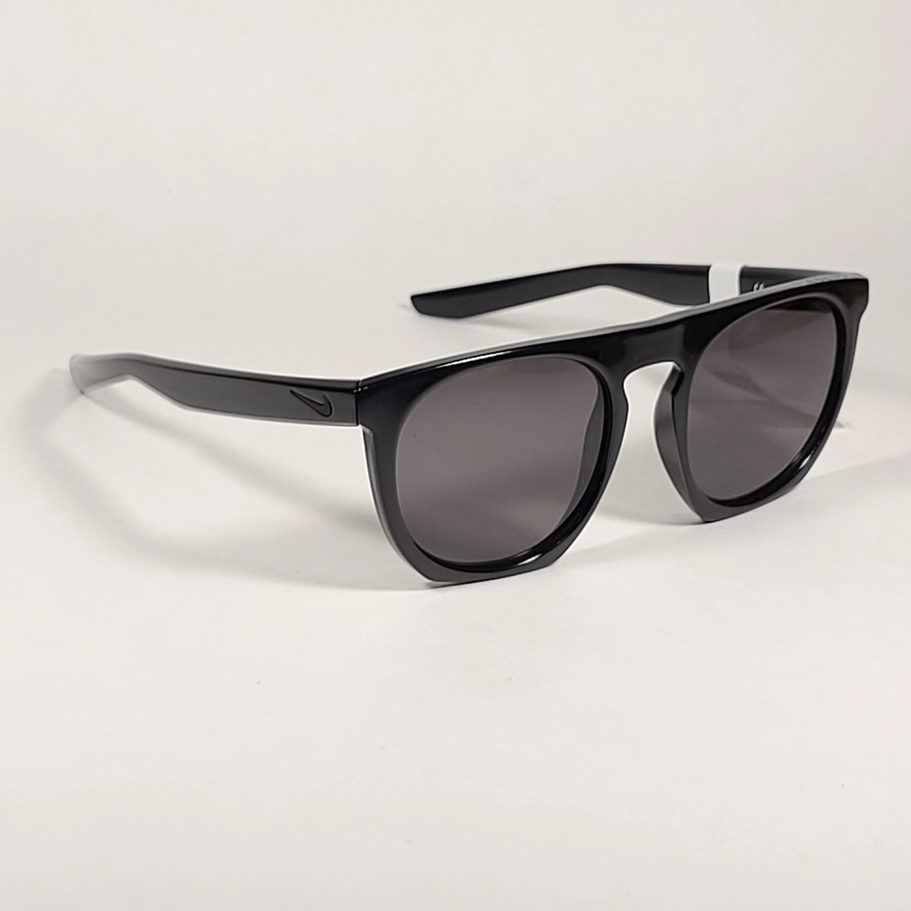 Nike Flatspot Round Sunglasses EV0923 001 Shiny Black Flat Top Frame Gray Lens