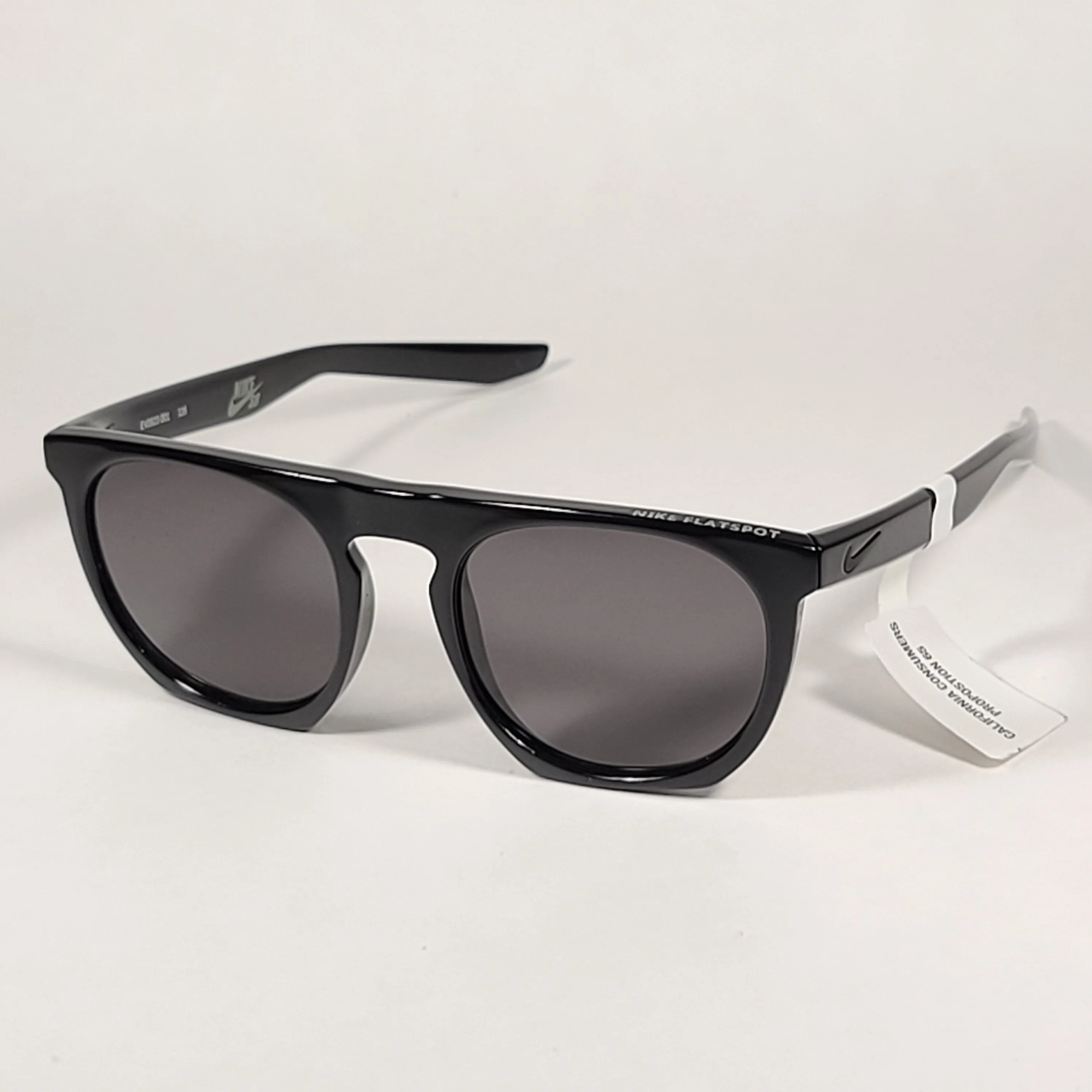Nike Flatspot Round Sunglasses EV0923 001 Shiny Black Flat Top Frame Gray Lens