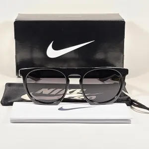 Nike Flatspot Round Sunglasses EV0923 001 Shiny Black Flat Top Frame Gray Lens