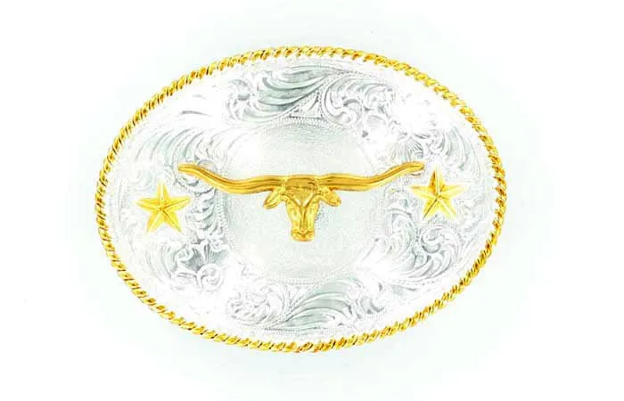 Nocona Shiny Silver & Gold Longhorn Oval Buckle