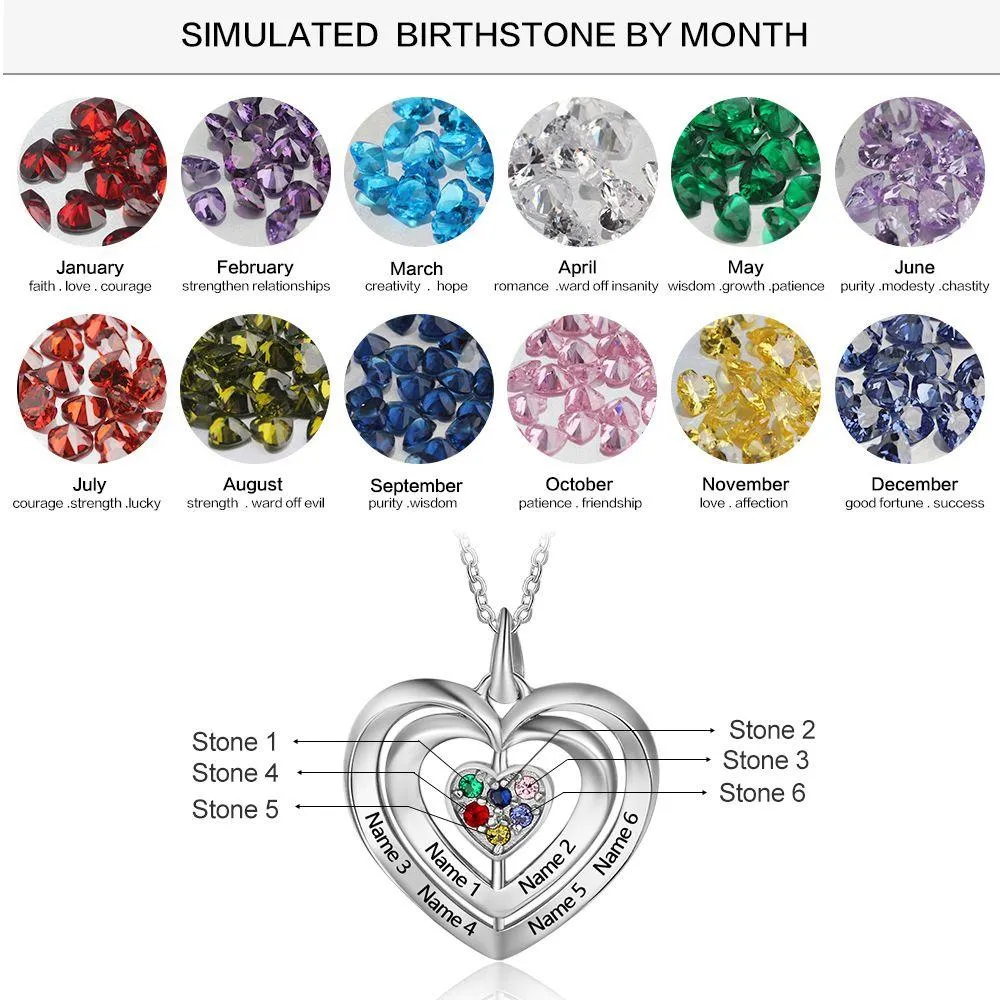 Personalized Initial necklace with 6 birthstones and 6 names