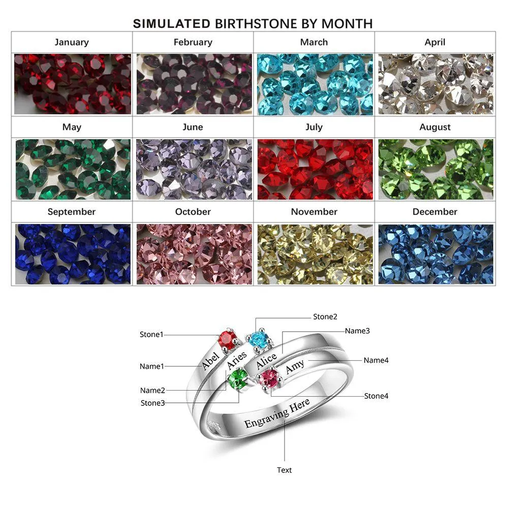 Personalized mothers Initial ring with 4 birthstones