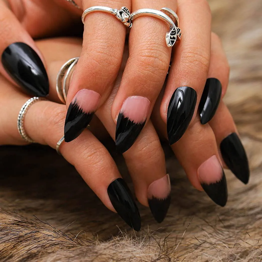 Press On Nails Black Ombre Glossy French Tip Almond Nail Kit