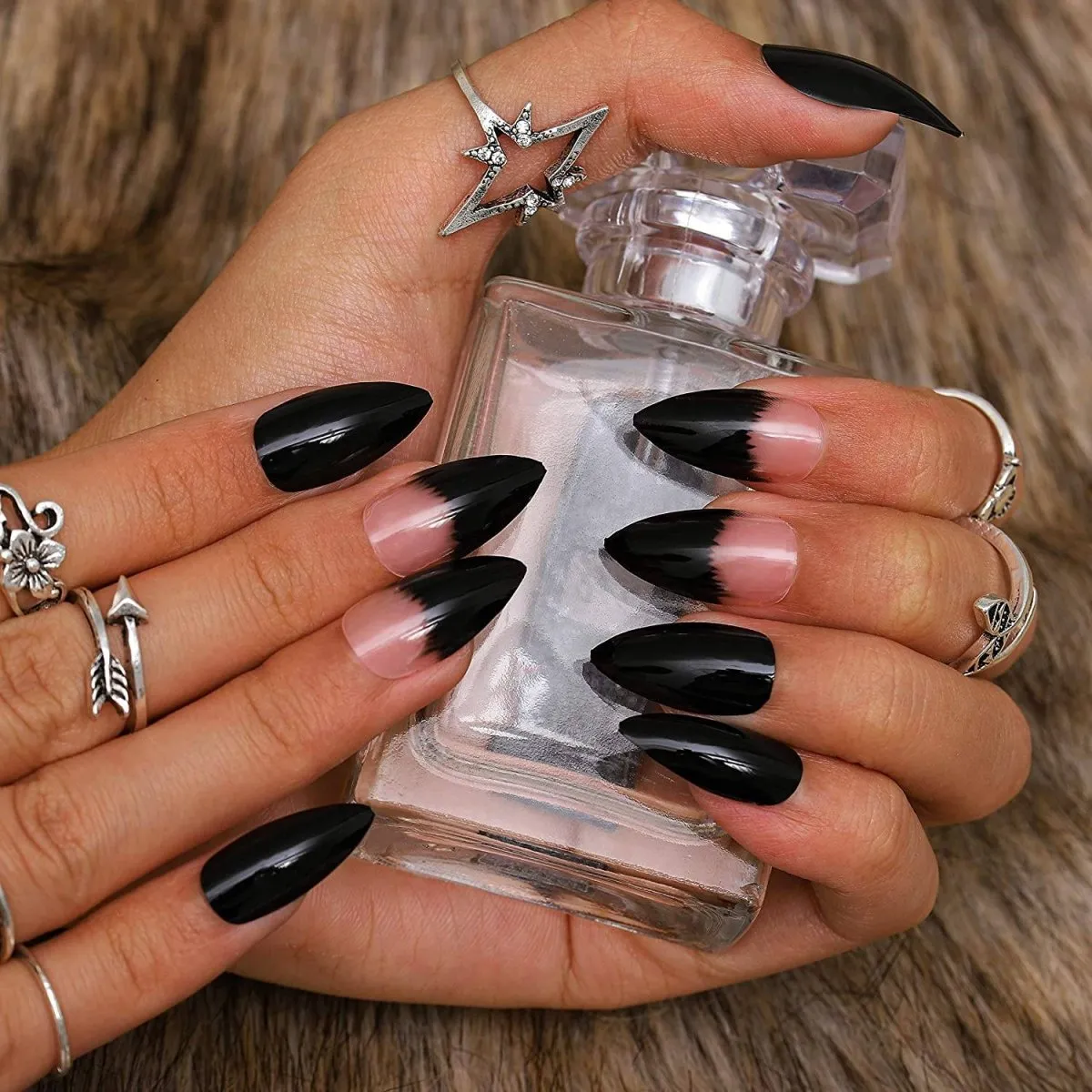 Press On Nails Black Ombre Glossy French Tip Almond Nail Kit
