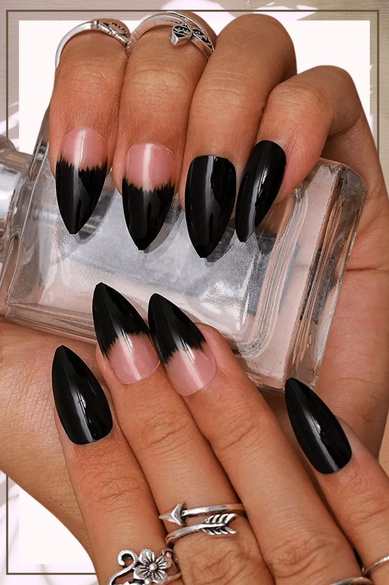Press On Nails Black Ombre Glossy French Tip Almond Nail Kit