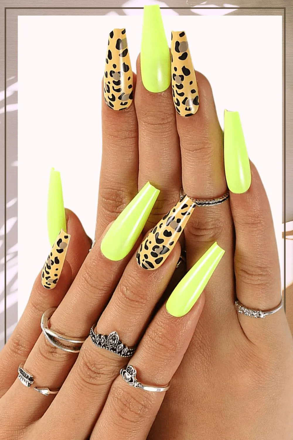 Press On Nails Neon Yellow Glossy Leopard Coffin Nail Kit
