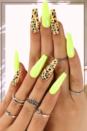 Press On Nails Neon Yellow Glossy Leopard Coffin Nail Kit