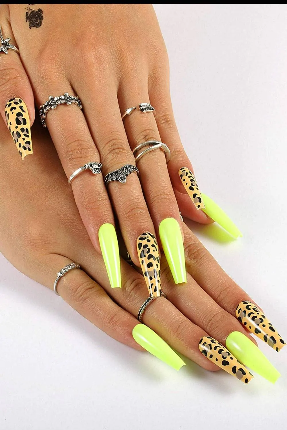 Press On Nails Neon Yellow Glossy Leopard Coffin Nail Kit