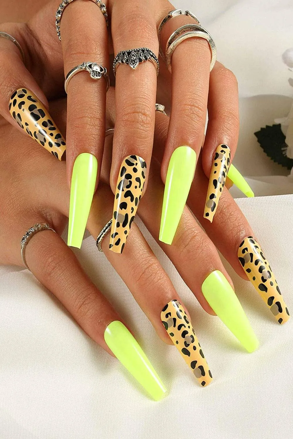 Press On Nails Neon Yellow Glossy Leopard Coffin Nail Kit