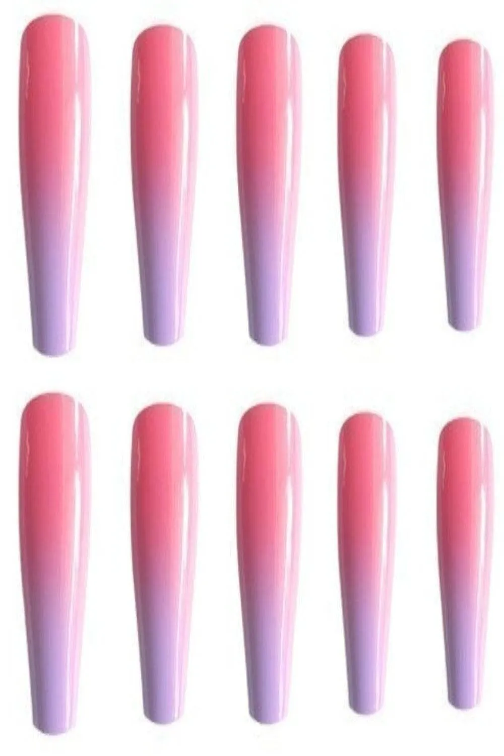 Press On Nails Pink And Purple Glossy Ombre French Tip Coffin Nails Kit
