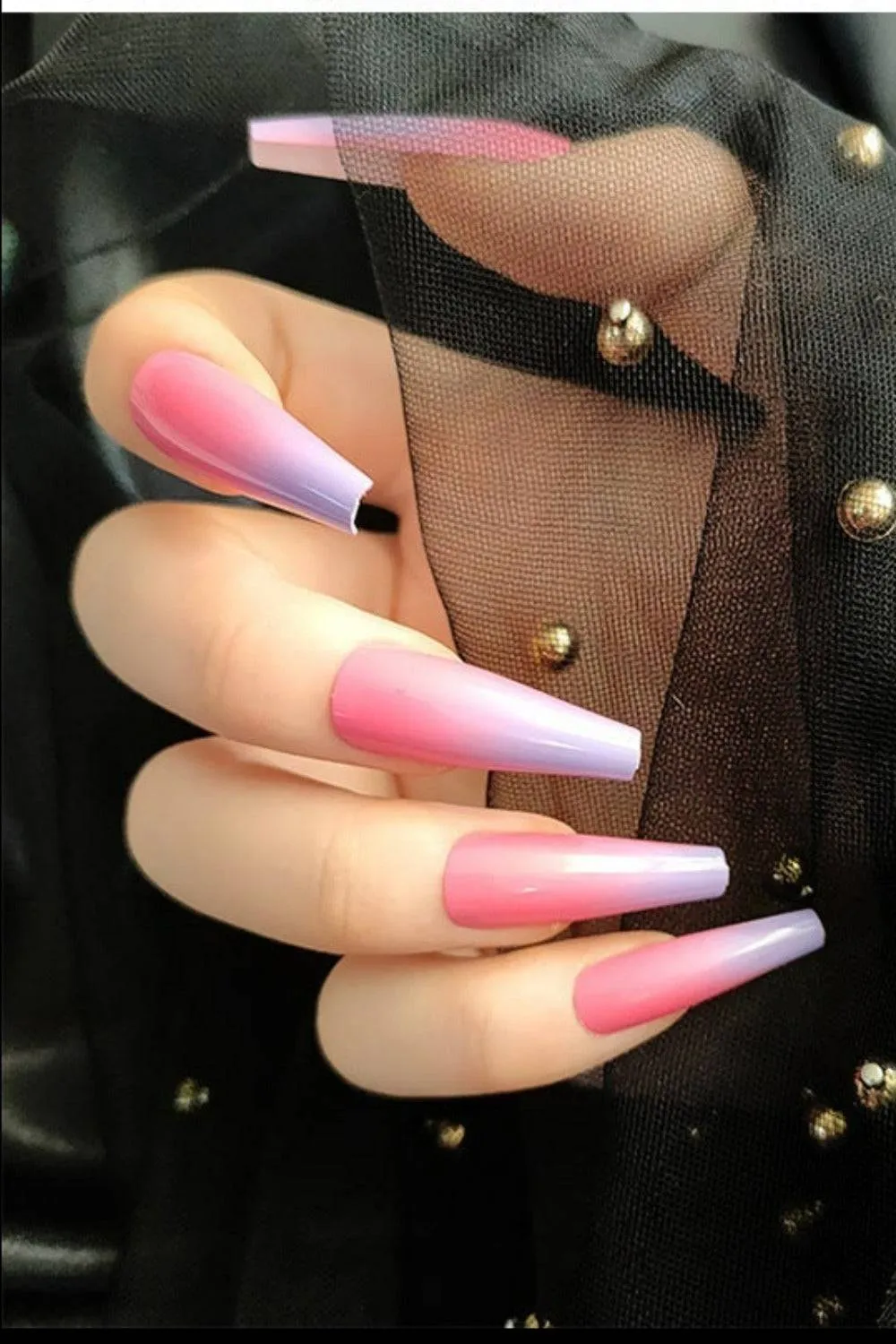 Press On Nails Pink And Purple Glossy Ombre French Tip Coffin Nails Kit