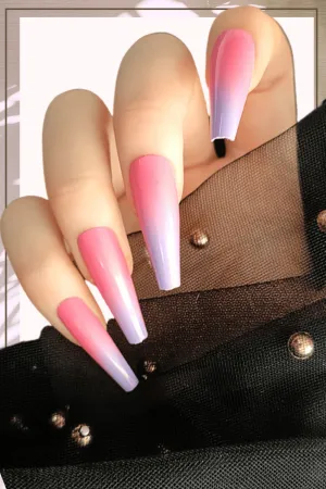 Press On Nails Pink And Purple Glossy Ombre French Tip Coffin Nails Kit