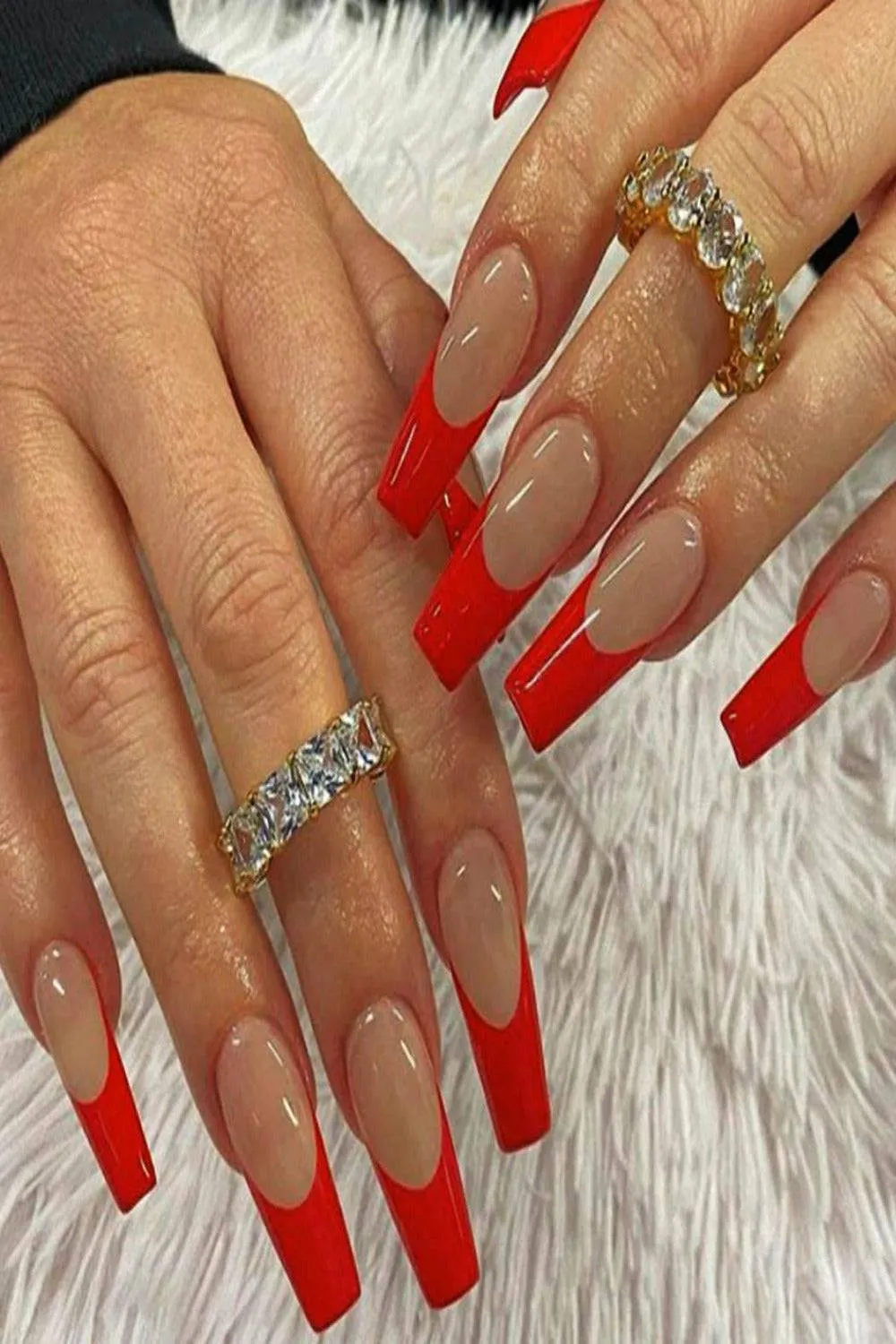 Press On Nails Red French Tip Glossy Coffin Nail Kit