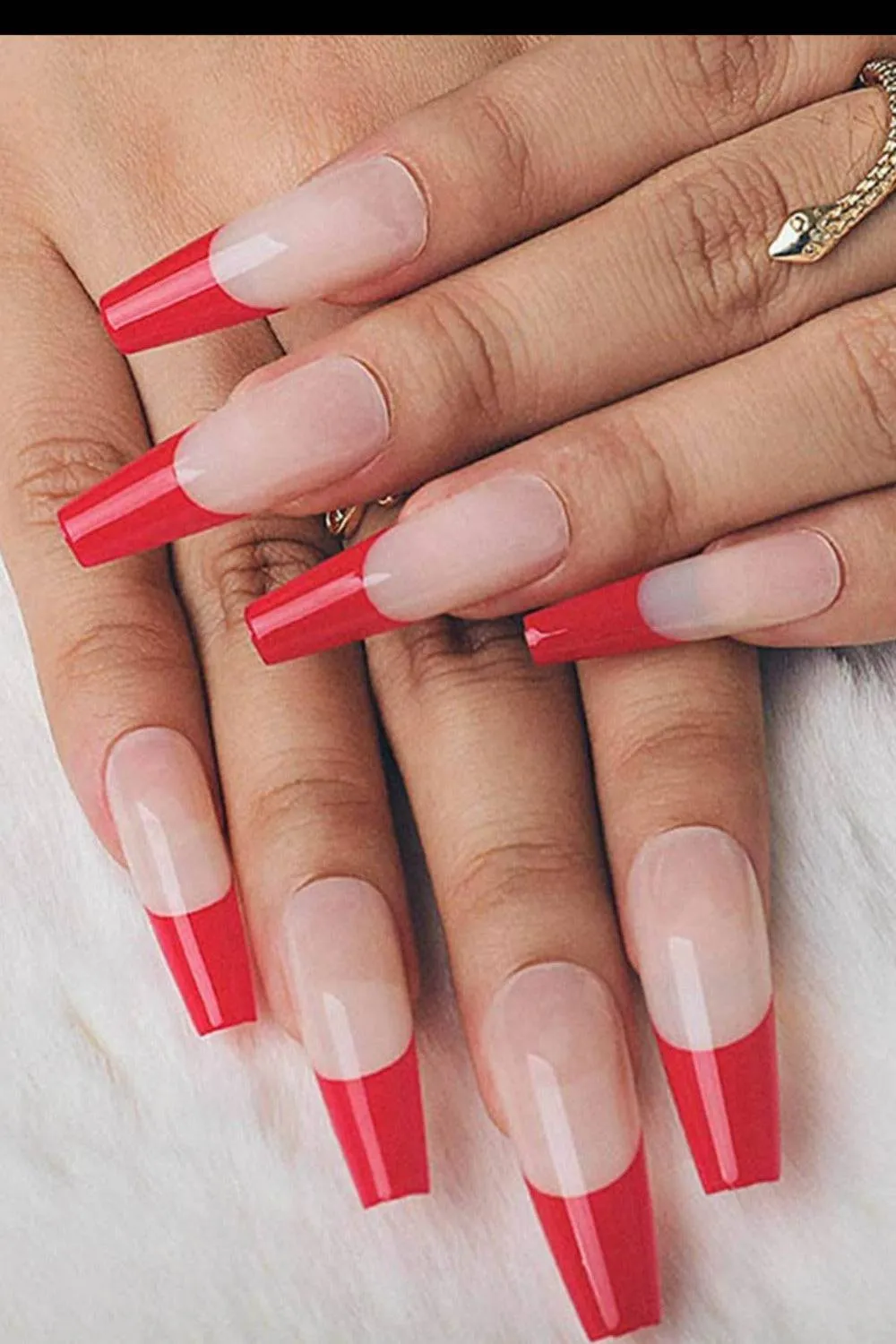 Press On Nails Red French Tip Glossy Coffin Nail Kit