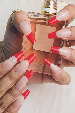 Press On Nails Red French Tip Glossy Coffin Nail Kit
