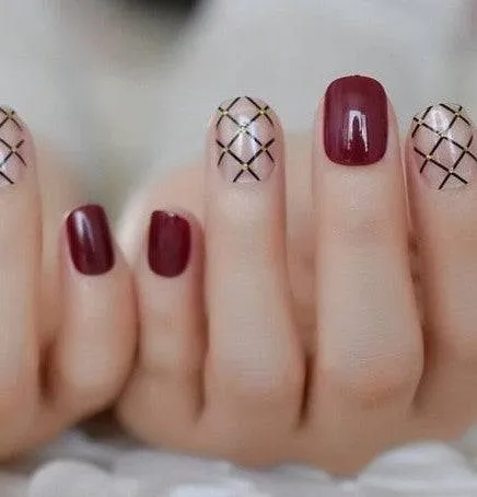 Press On Nails Red Glossy Round Gold Nail Kit