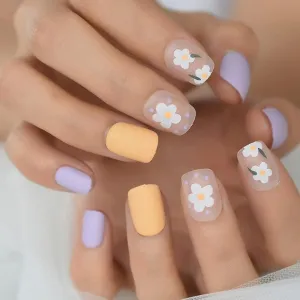 Purple Press On Nails Yellow Glossy Coffin Flower Nail Kit