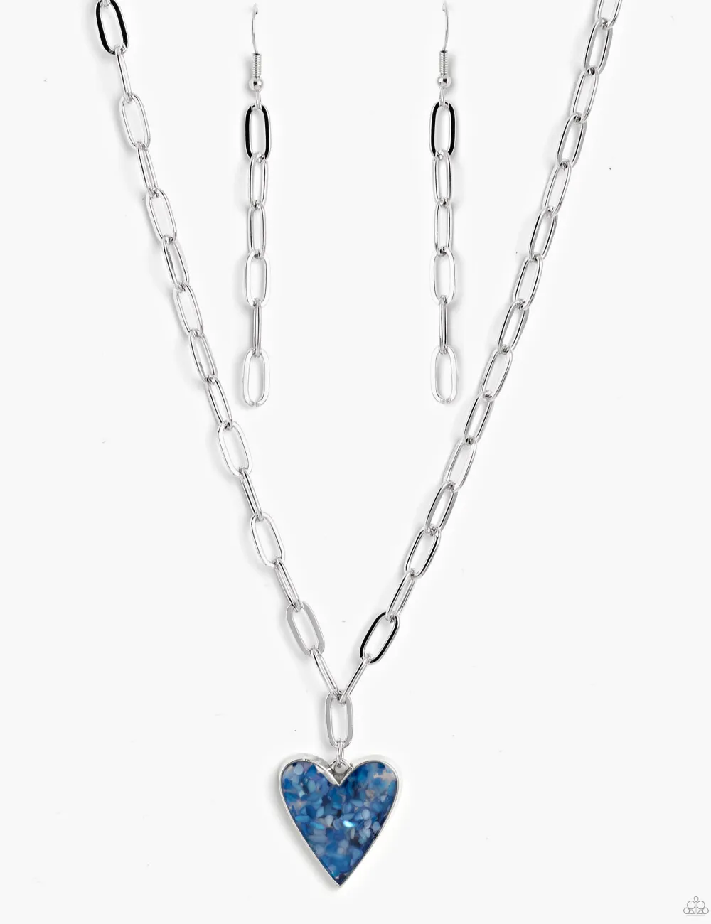 "Kiss and Shell" Silver Metal & Blue Flecked Multi Color Shell Heart Necklace Set