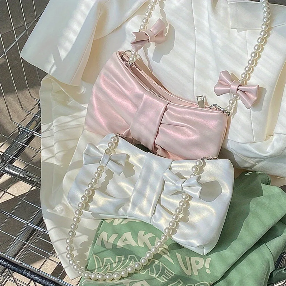 realaiot  Lovely Bow Ruched Shoulder Bag, Sweet Faux Pearl Chain Handbag, Kawaii Pleated Underarm Bag For Women