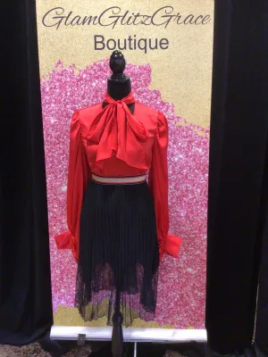 Red Shiny Satin Bell Sleeves Side Zipper Tie Back Top