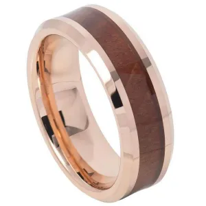Rose Gold IP Plated with Hawaiian Koa Wood Inlay Shiny Beveled Edge - 8mm