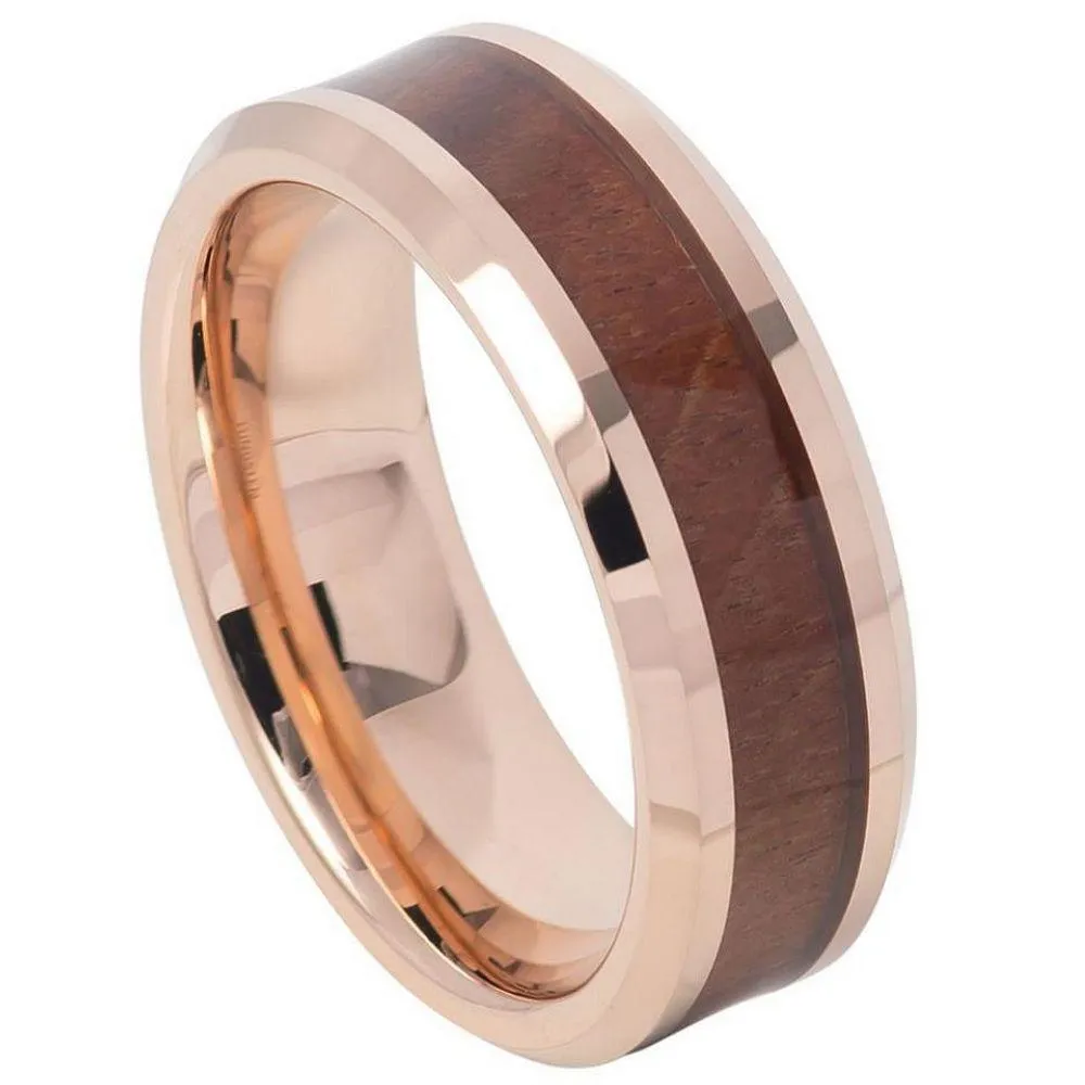 Rose Gold IP Plated with Hawaiian Koa Wood Inlay Shiny Beveled Edge - 8mm