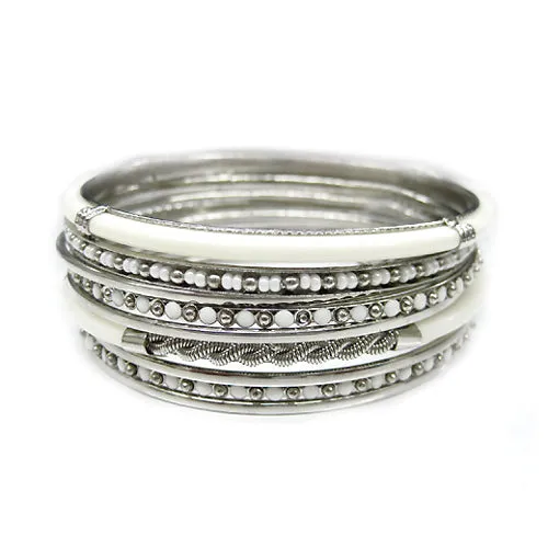 SILVER AND WHITE SET OF 9PCS PLAIN INDIAN BANGLES WITH BONE #KB7808_S-IVORY (14th Floor)