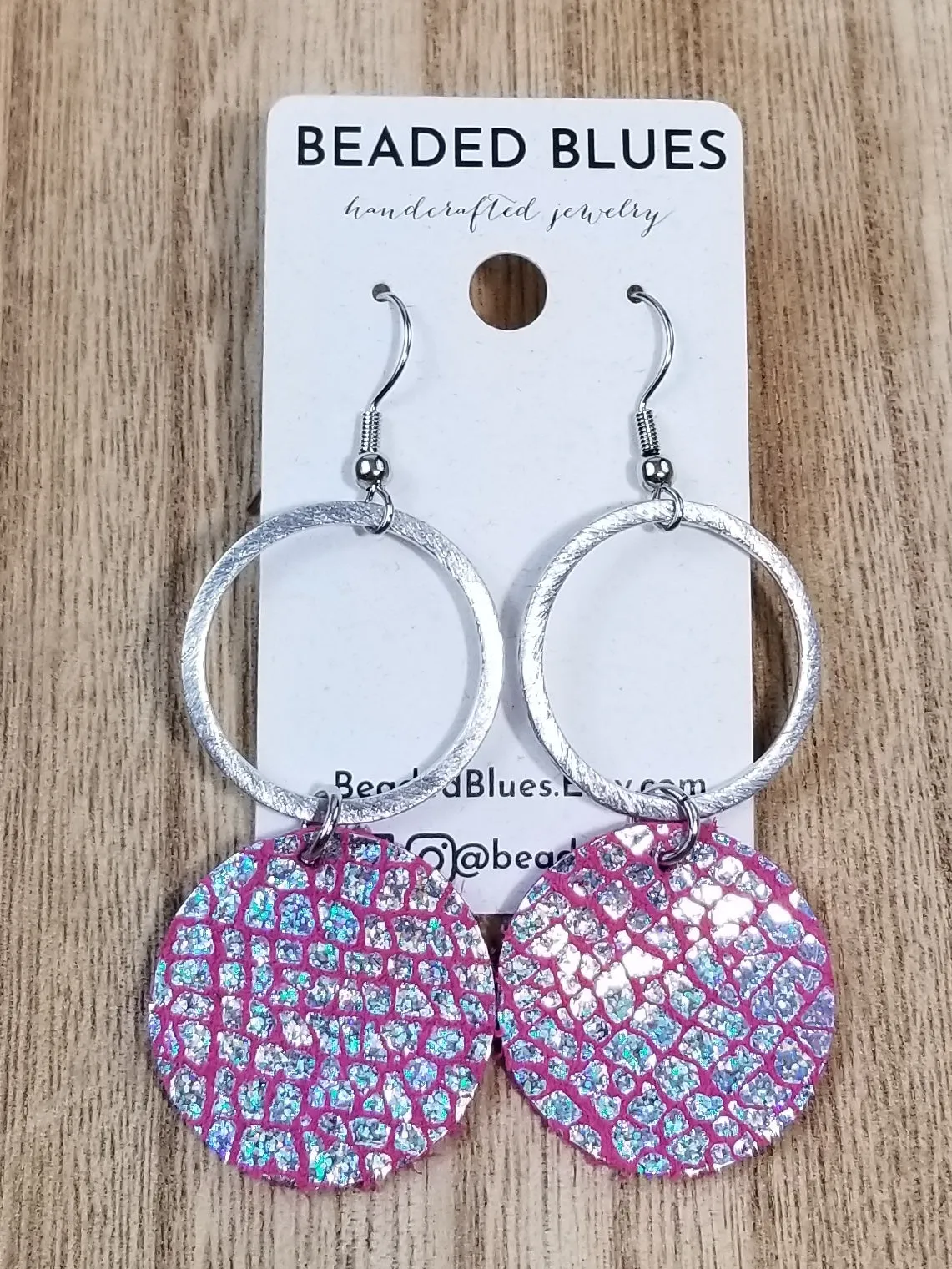 Silver Metal/Iridescent Hot Pink Snakeskin Textured Circle Leather Earrings