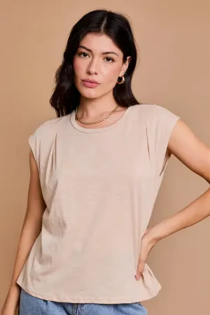 SLEEVELESS ROUND NECK PLEATED SHOULDER TOP